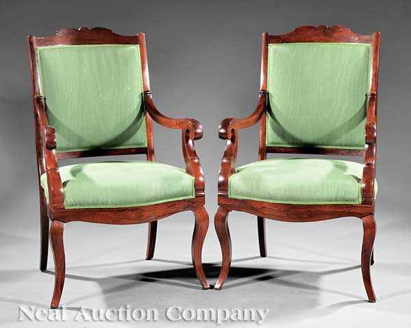 Appraisal: A Pair of American Late Classical Carved Rosewood Armchairs c