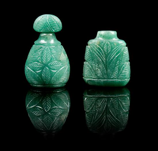 Appraisal: Sale Lot Two Green Jadeite Snuff Bottles each carved with