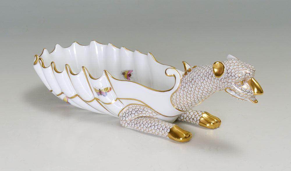 Appraisal: HEREND PORCELAIN DRAGON DISH Fish scale and butterfly decoration to