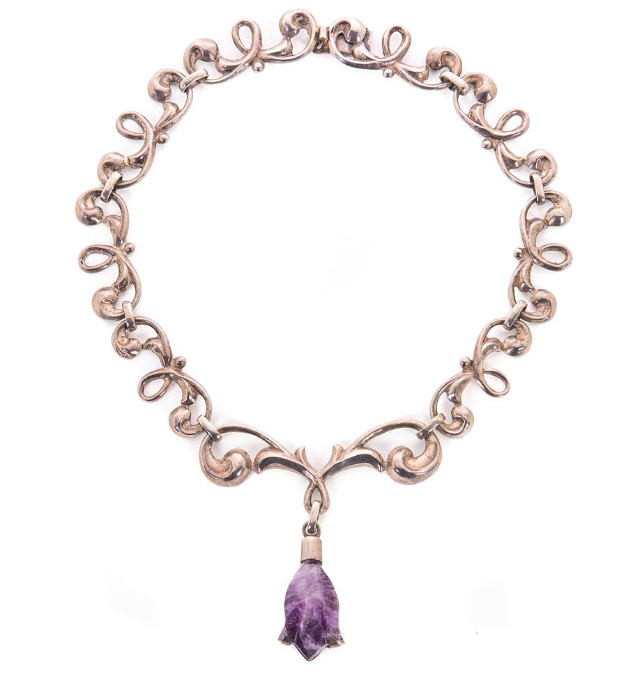 Appraisal: Taxco Mexican Sterling Necklace Carved Amethyst Mexico Sterling Necklace Carved