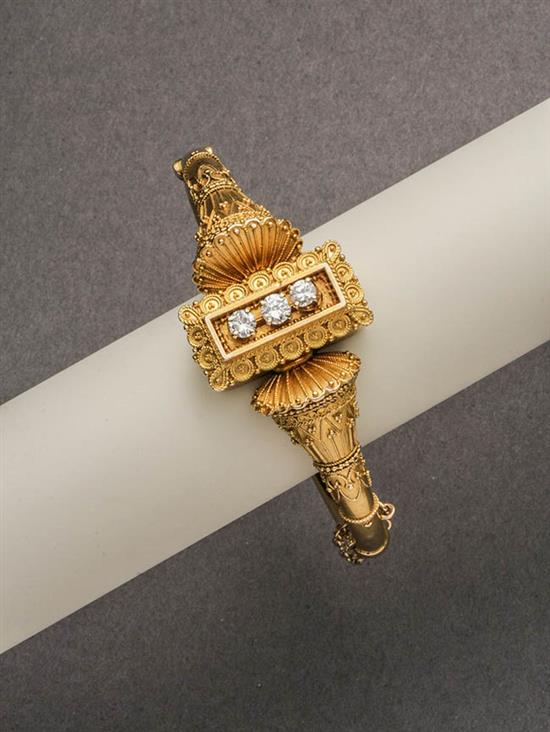 Appraisal: Etruscan Revival Tested -Karat Yellow-Gold and Diamond Bangle Bracelet Last