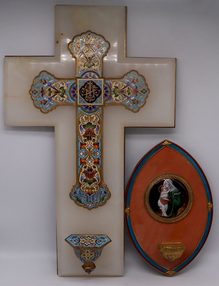 Appraisal: Enamel Decorated Holy Water Fonts Includes an enamel decorated crucifix