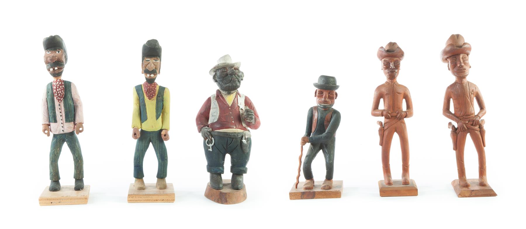 Appraisal: SIX FOLK ART CARVINGS OF COWBOYS American ca - Two