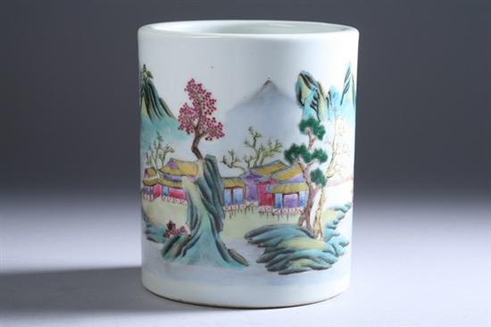 Appraisal: CHINESE FAMILLE ROSE PORCELAIN BRUSH HOLDER Guangxu underglazed blue six-character