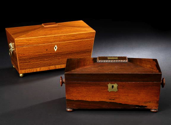 Appraisal: Good Georgian Triple-Compartment Banded Mahogany Tea Box of sarcophagus form