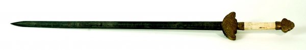 Appraisal: A Chinese sword Engraved brass crossguard and pommel Bone grip