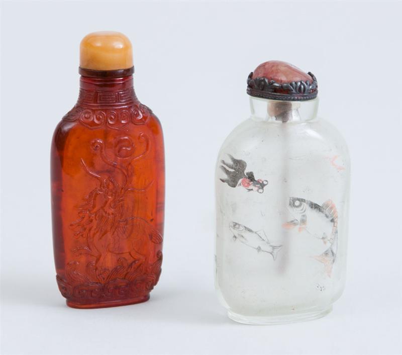 Appraisal: CHINESE INTERIOR-PAINTED QUARTZ SNUFF BOTTLE AND STOPPER AND AN AMBER-COLORED