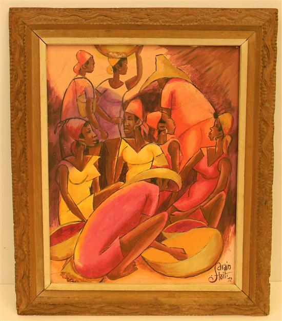 Appraisal: F Savain oil on canvas ''Market Women in Pink ''