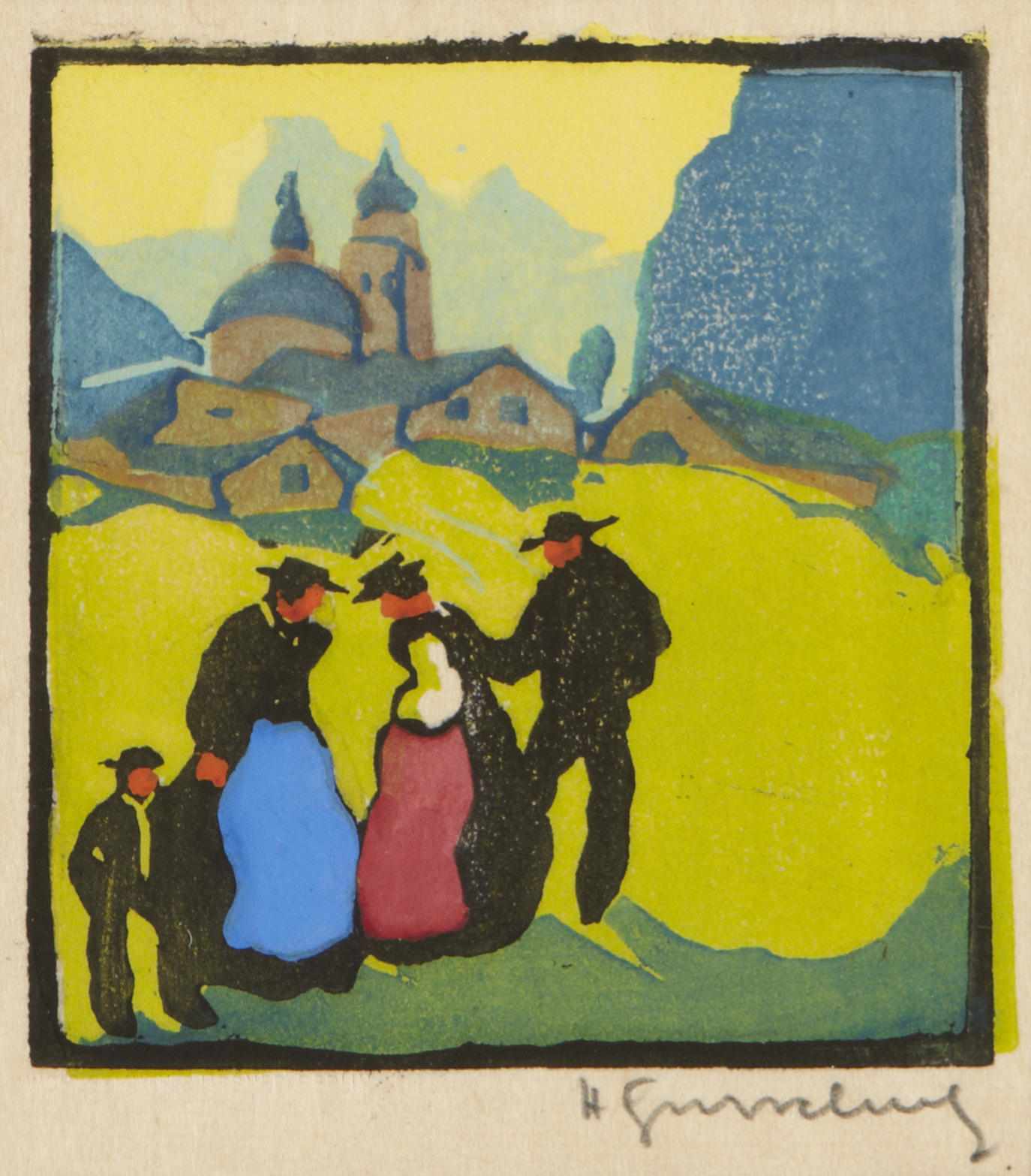 Appraisal: Herbert Gurschner Austrian - The Chat c Woodcut in colors