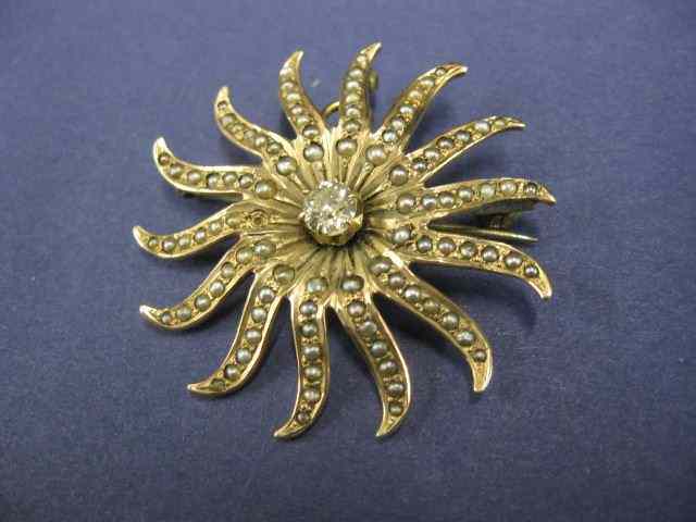 Appraisal: Diamond Seed Pearl Brooch or Pendant starburst design k rose