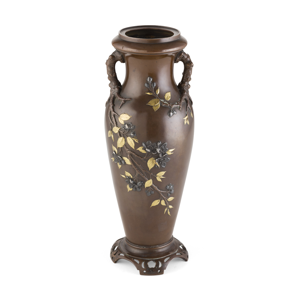 Appraisal: MIXED-METAL-INLAID BRONZE VASE MEIJI PERIOD inlaid in gold silver and