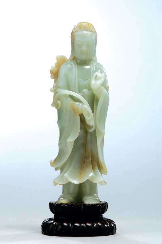 Appraisal: CARVED CELADON JADE GUANYIN Well carved Chinese celadon jade figure