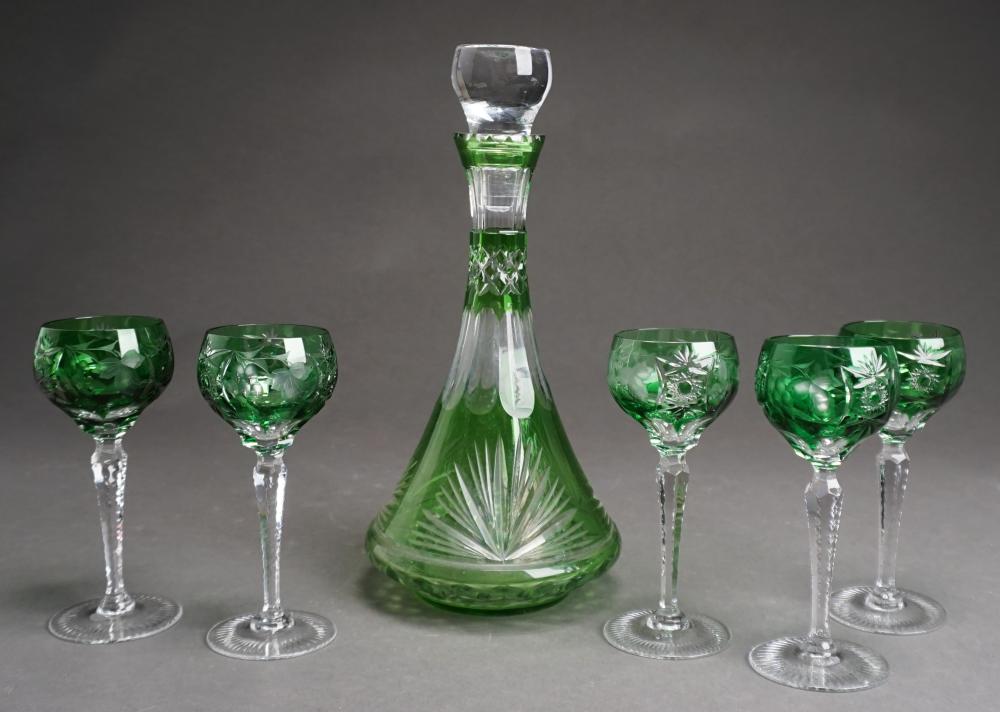 Appraisal: Green-to-Clear Cut Glass Decanter and Five Stem Hocks