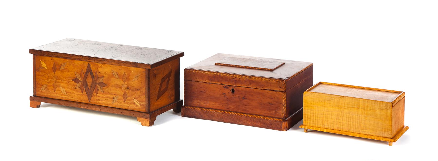 Appraisal: THREE WOODEN BOXES American nd half- th century Tiger maple