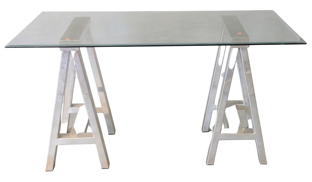 Appraisal: Ralph Lauren Chrome Sawhorse Table having glass top not original