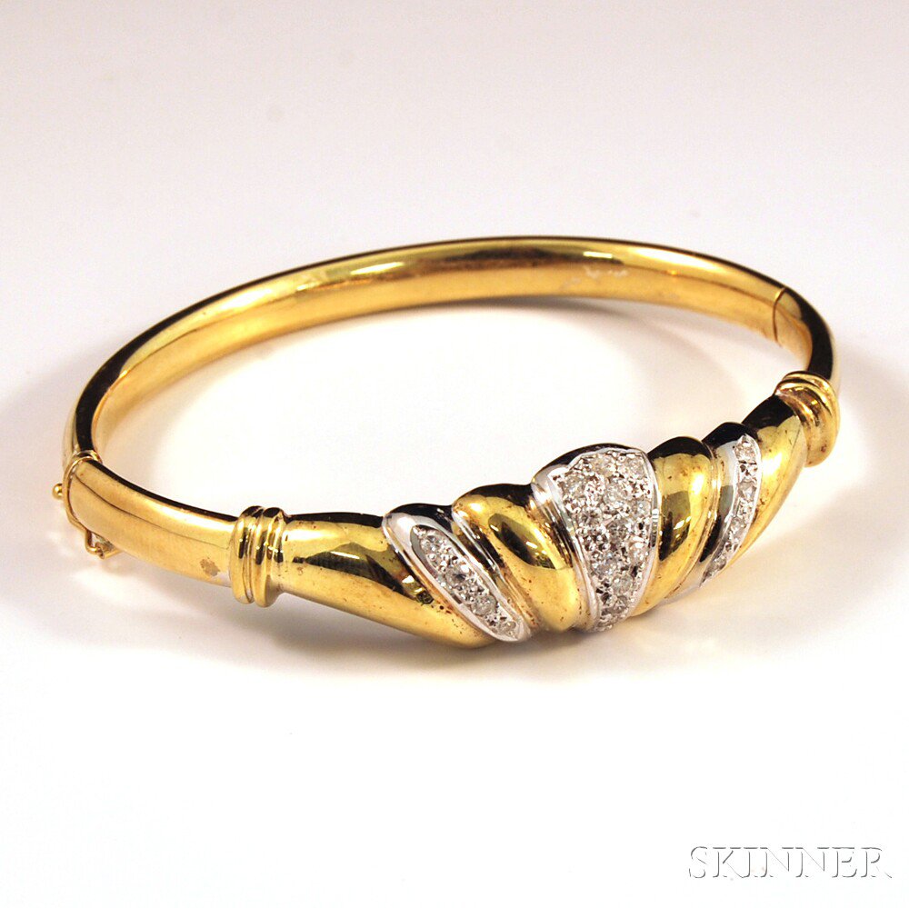 Appraisal: kt Gold and Diamond Hinged Bangle Bracelet the bracelet with