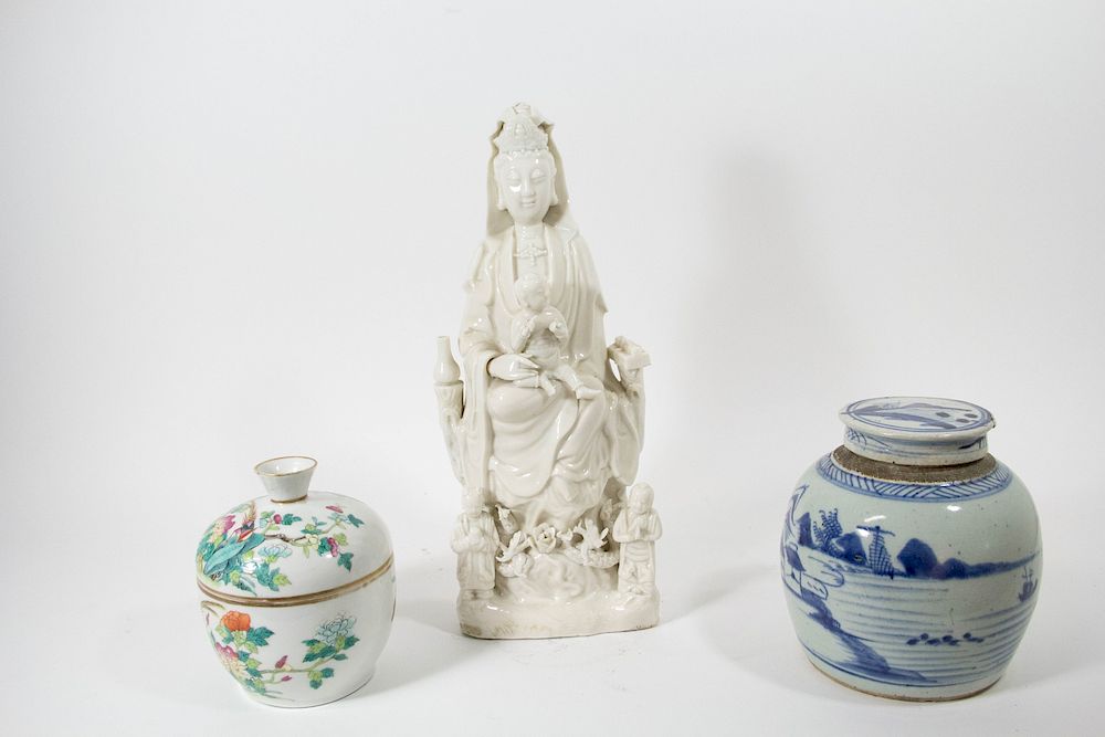 Appraisal: Chinese Porcelain Grouping incl Blanc de Chine A blanc-de-chine figure