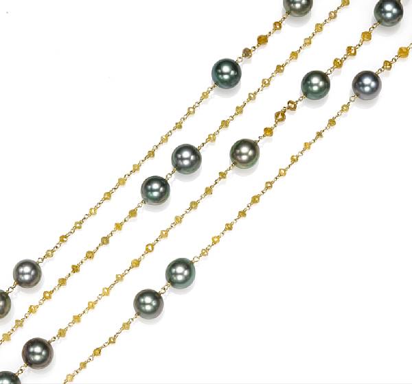 Appraisal: A cultured pearl and colored diamond necklace black cultured pearls