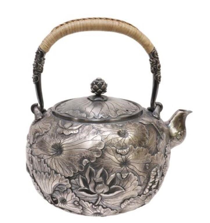 Appraisal: Japanese silver teapot produced for Miyamoto wrapped handle body with