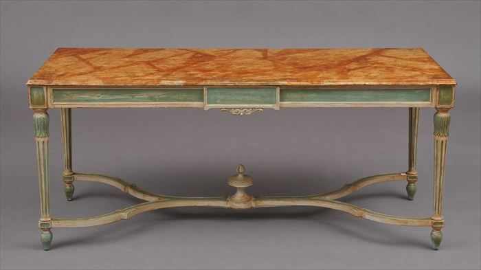 Appraisal: LOUIS XVI-STYLE CARVED PAINTED AND MARBLEIZED CENTER TABLE The rectangular