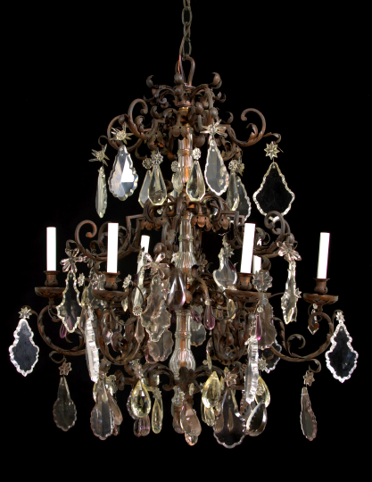 Appraisal: Good French Wrought-Iron and Cut Glass Tiered Six-Light Chandelier first