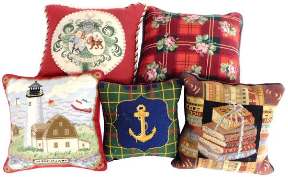 Appraisal: Needlepoint pillows five pillows plaid nautical etc themes color palette