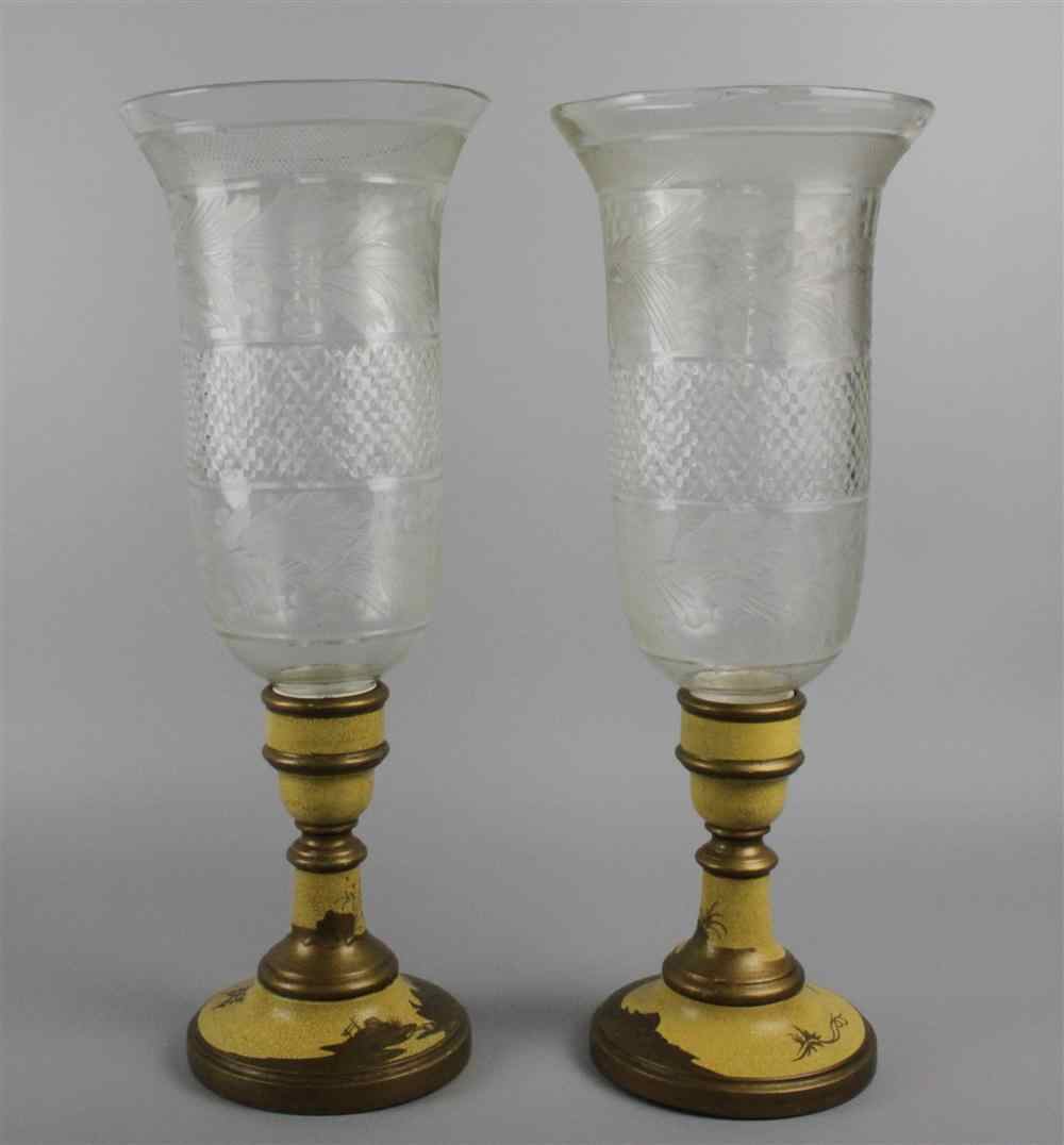 Appraisal: PAIR OF YELLOW PAINTED CANDLE HOLDERS WITH HURRICANE SHADES the