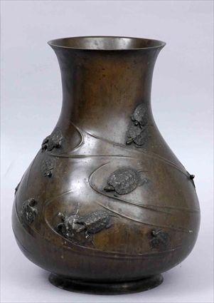 Appraisal: JAPANESE BRONZE PEAR-FORM FOOTED VASE Relief cast with turtles emerging