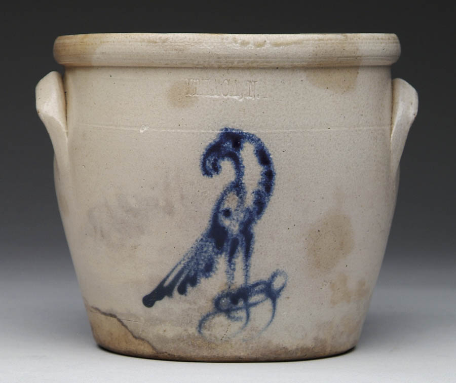 Appraisal: BLUE BIRD DECORATED OVOID STONEWARE CROCK Two handled open crock