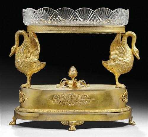 Appraisal: CUT GLASS BOWL WITH GILT BRONZE MOUNT AUX CYGNES late