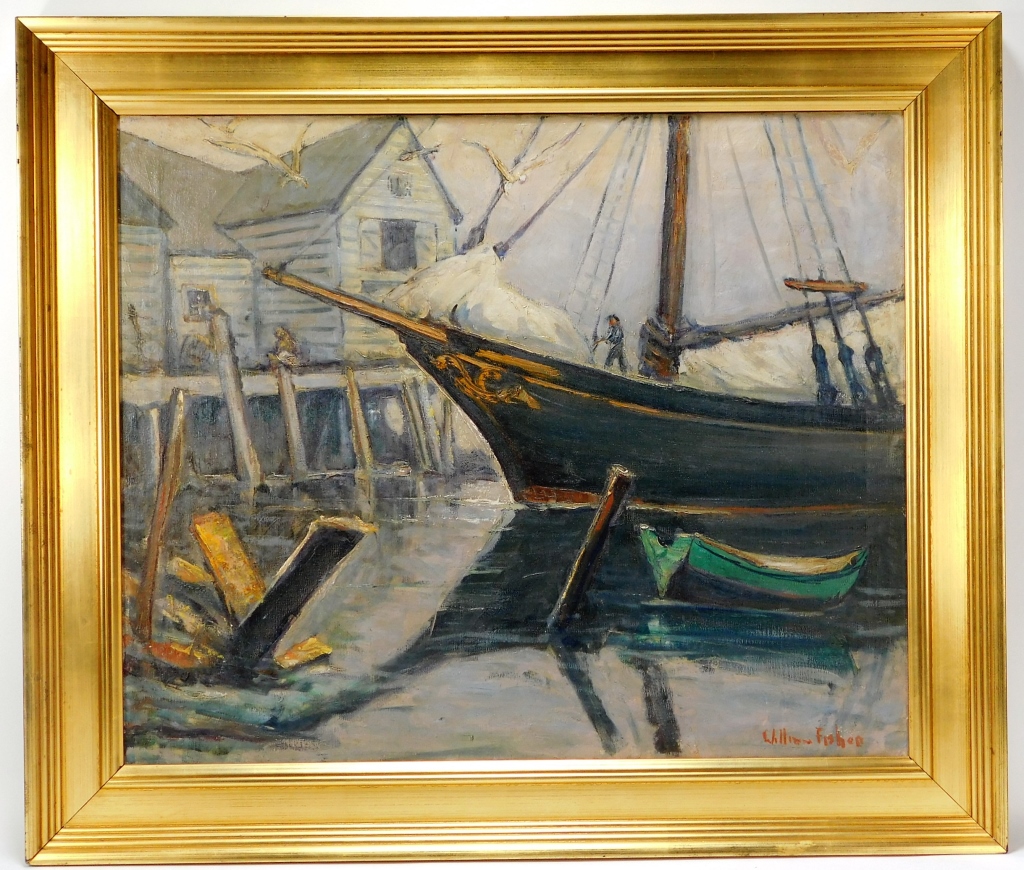 Appraisal: WILLIAM FISHER MARITIME HARBOR SEASCAPE PAINTING New York Maine -