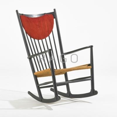 Appraisal: HANS WEGNER Rocking chair Denmark s Painted beech and jute