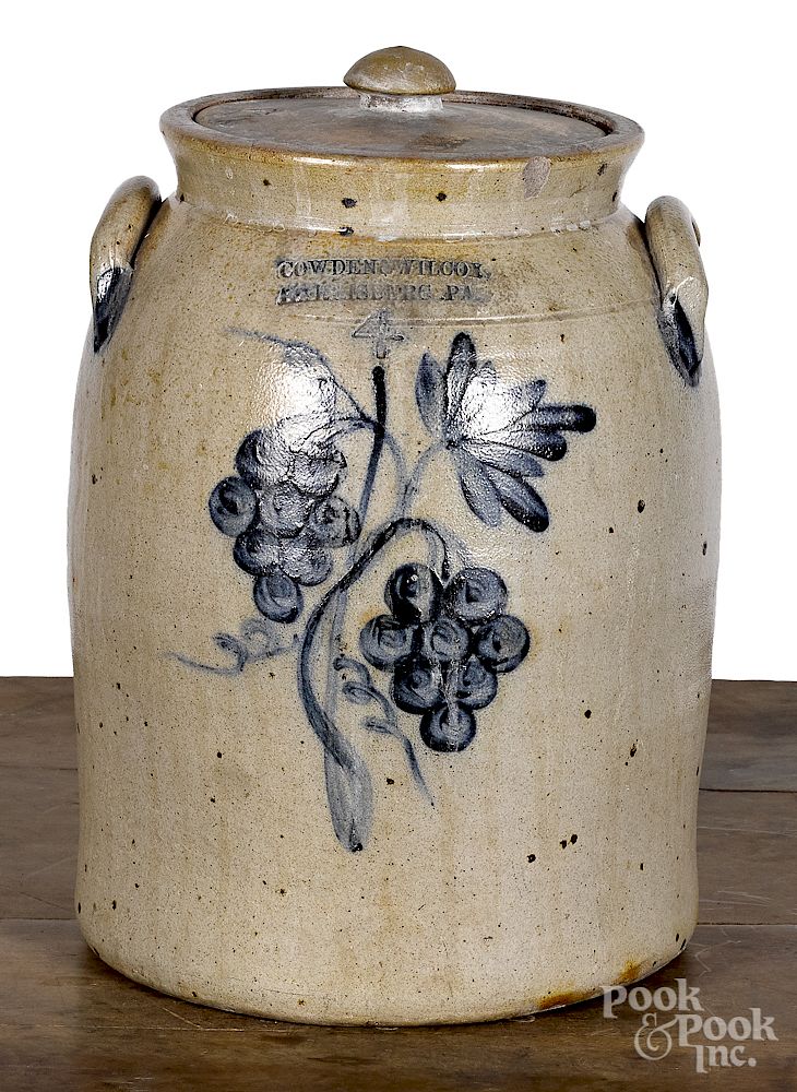 Appraisal: Pennsylvania stoneware four-gallon lidded crock Pennsylvania stoneware four-gallon lidded crock