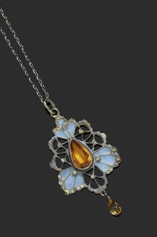 Appraisal: ENAMEL CITRINE AND MARKASITE PENDANT WITH CHAIN Art Nouveau Silver