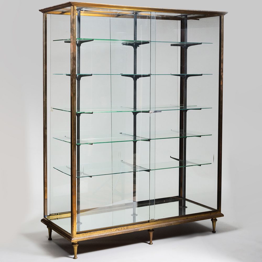 Appraisal: Large Double-Sided Brass Metal and Glass Vitrine Cabinet Probably French