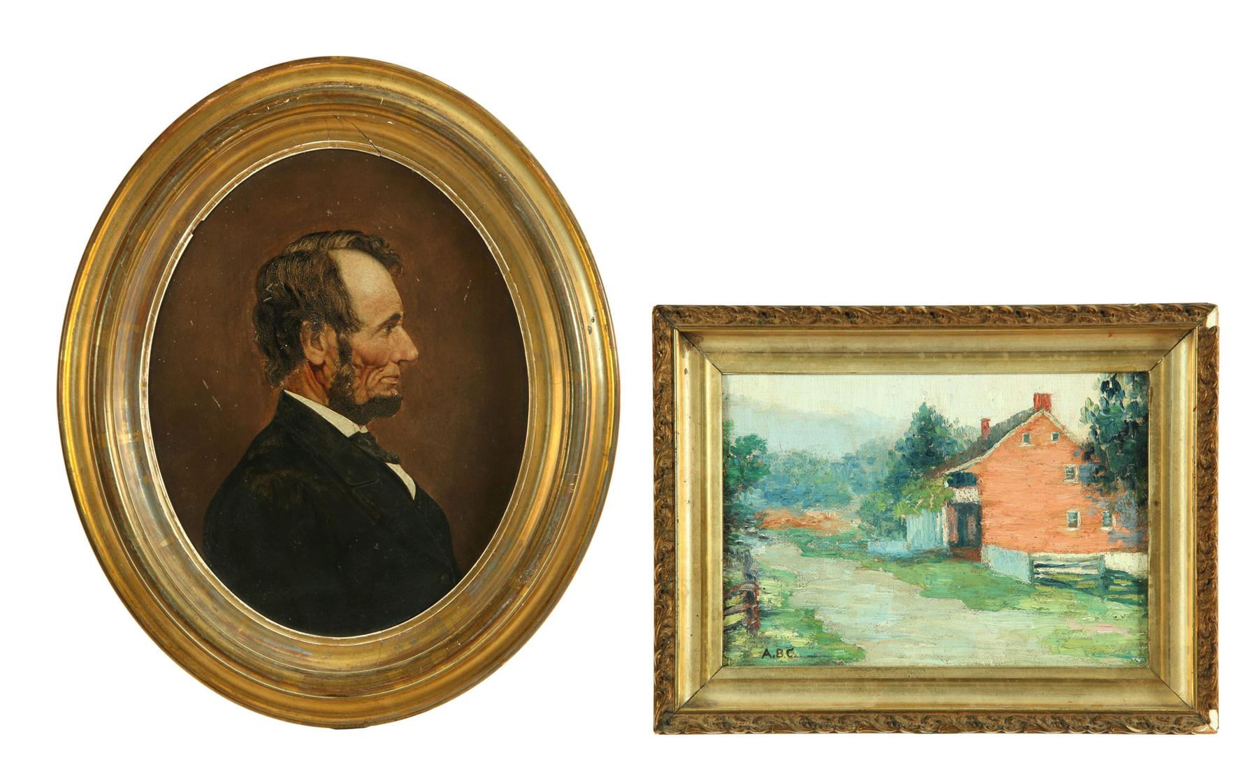 Appraisal: TWO PAINTINGS AMERICAN SCHOOL LATE TH CENTURY House scene by