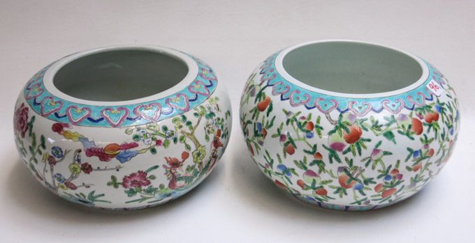 Appraisal: TWO SIMILAR CHINESE FAMILLE ROSE PORCELAIN JARDINIERES with exterior enamel