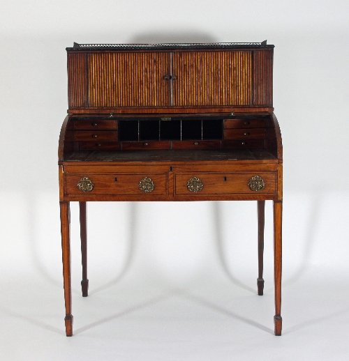 Appraisal: A fine George III satinwood and mahogany cylinder bureau circa