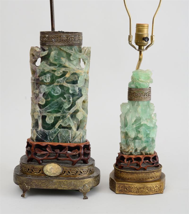 Appraisal: TWO CHINESE CARVED GREEN ROCK CRYSTAL VASES AND COVERS MOUNTED