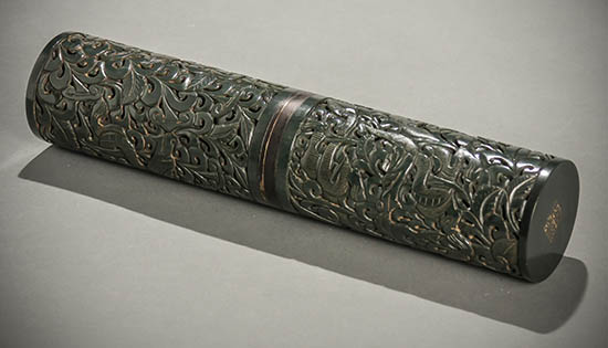 Appraisal: Chinese Dark Green Hardstone Pierced Cylinder Incense Box th Century