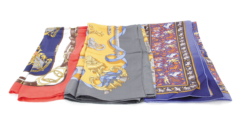 Appraisal: Hermes silk scarves Ferronnerie Numquam Concedendum Chasse en Inde x