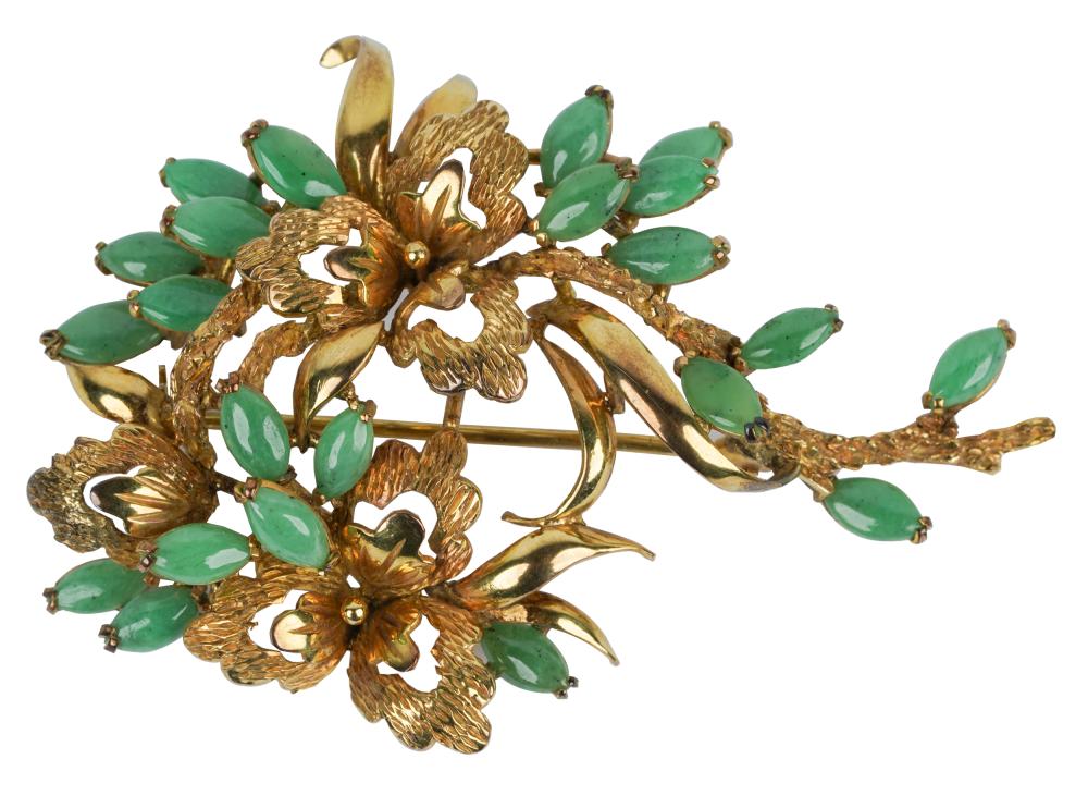 Appraisal: KARAT YELLOW GOLD JADE BROOCHcontaining marquise cabochon cut nephrite jades