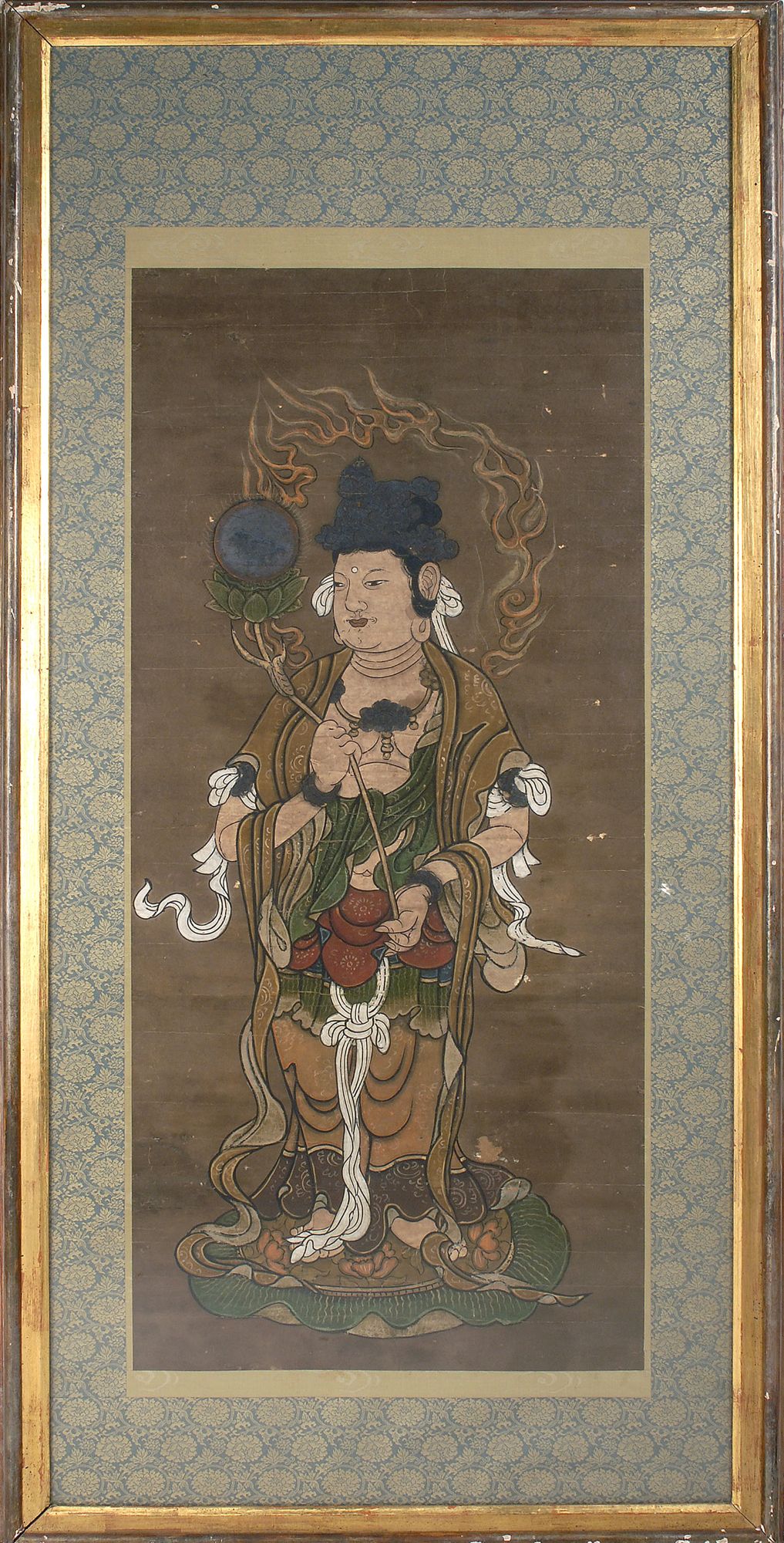 Appraisal: FRAMED SCROLL PAINTING ON SILK Edo PeriodDepicting Kwannon standing on