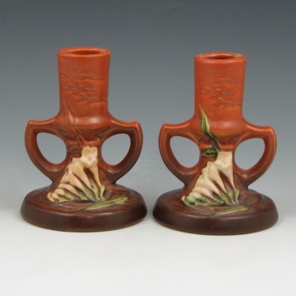 Appraisal: Pair of brown Roseville Freesia candleholders Marked Roseville USA -