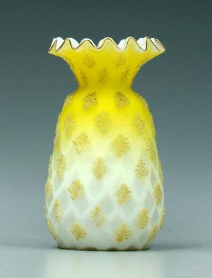 Appraisal: Coralene mother-of-pearl vase crimped rim diamond quilted pattern yellow neck