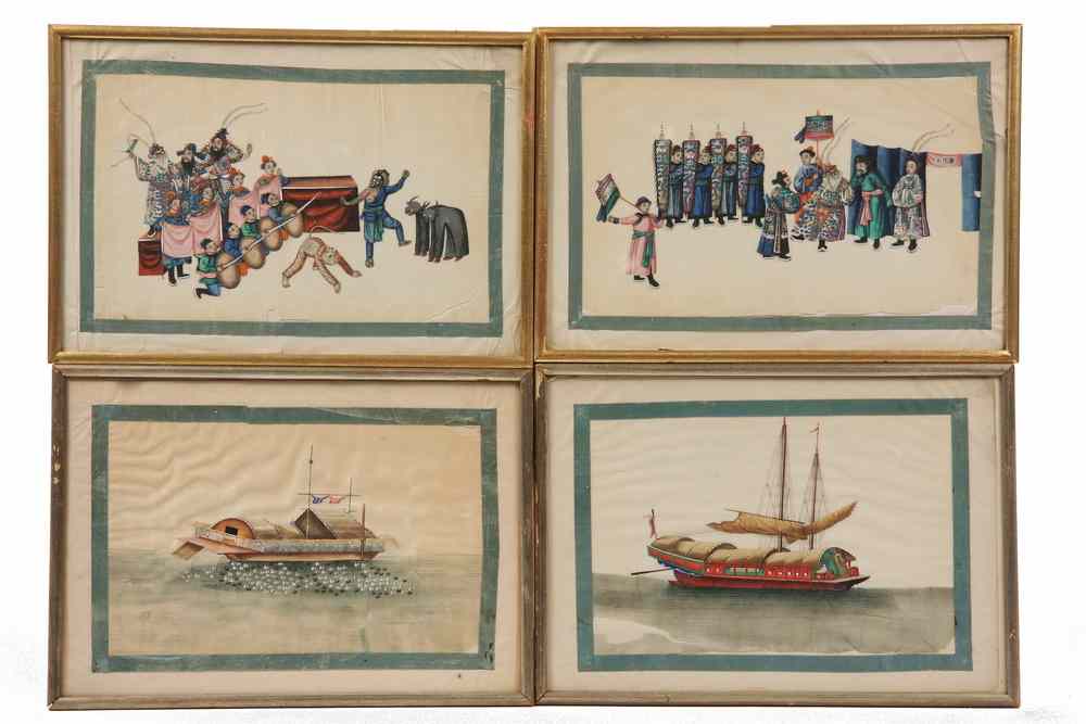 Appraisal: FRAMED CHINESE PITH PAINTINGS - Framed Paintings of Ships Theatre