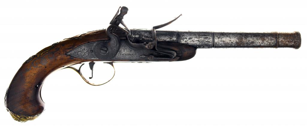 Appraisal: A FLINTLOCK PISTOL the cm moulded turn-off cannon barrel with