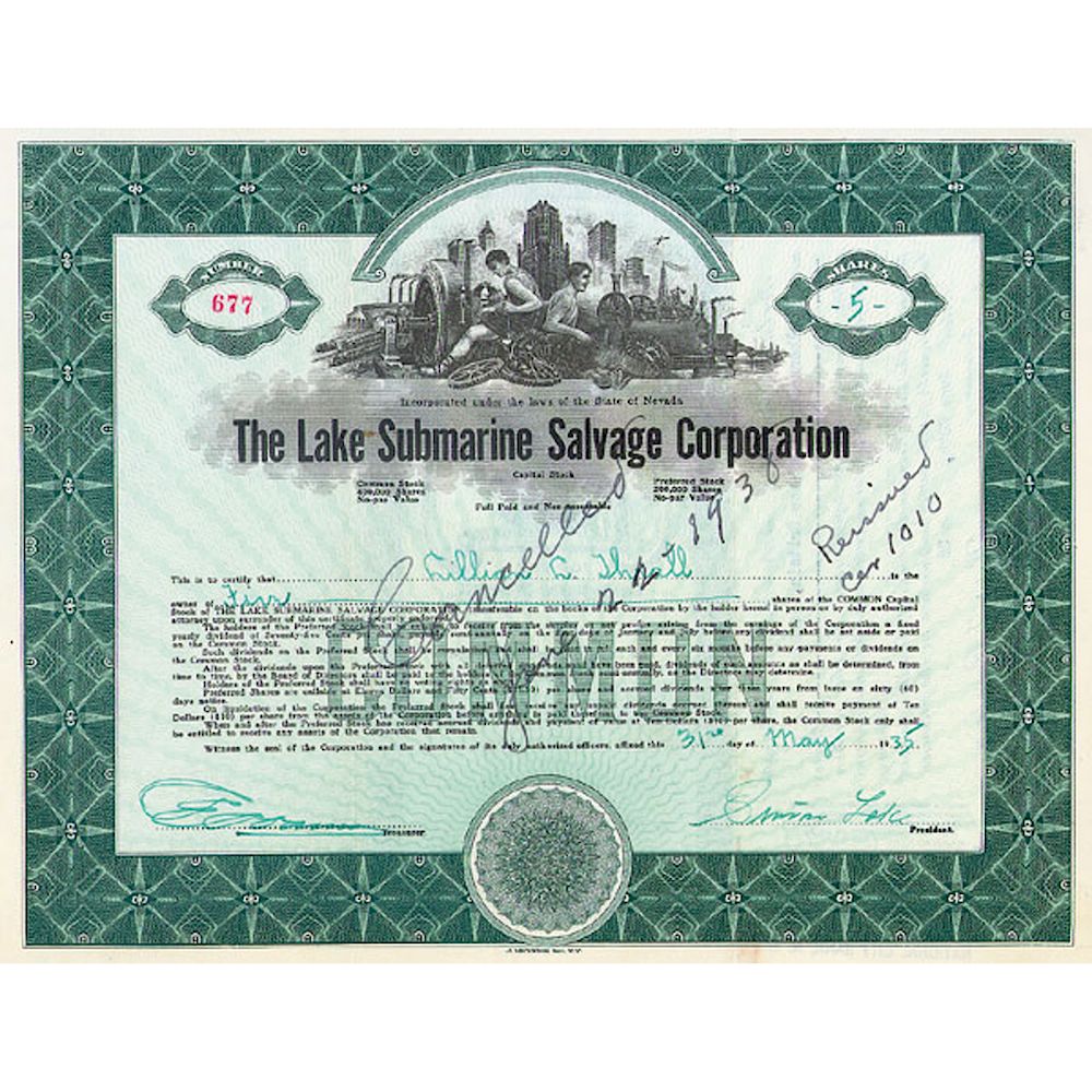 Appraisal: SIMON LAKE Signed Lake Submarine Salvage Corporation Stock Certificate Stocks