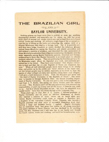 Appraisal: TEXAS Burleson Rufus C The Brazilian Girl and Baylor University