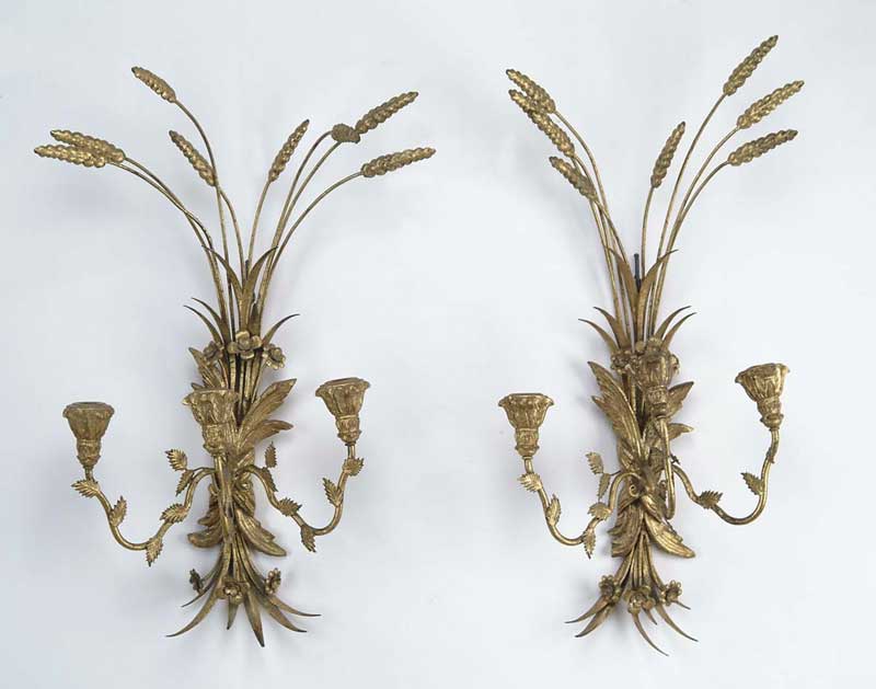 Appraisal: PAIR OF FRENCH STYLE GILT THREE BRANCH WALL SCONCES The